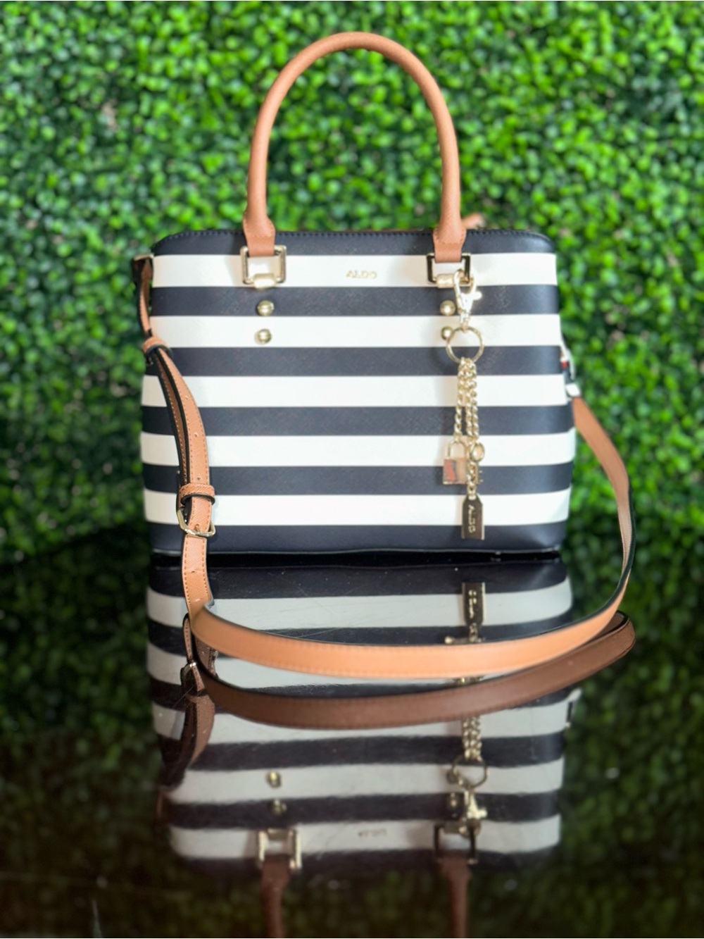 Aldo Black & White Stripe Satchel with Tan Handles
